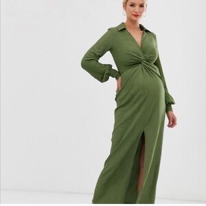 asos green maternity dress ASOS DESIGN Maternity exclusive pleated midi dress with kimono sleeve and tie waist in forest green